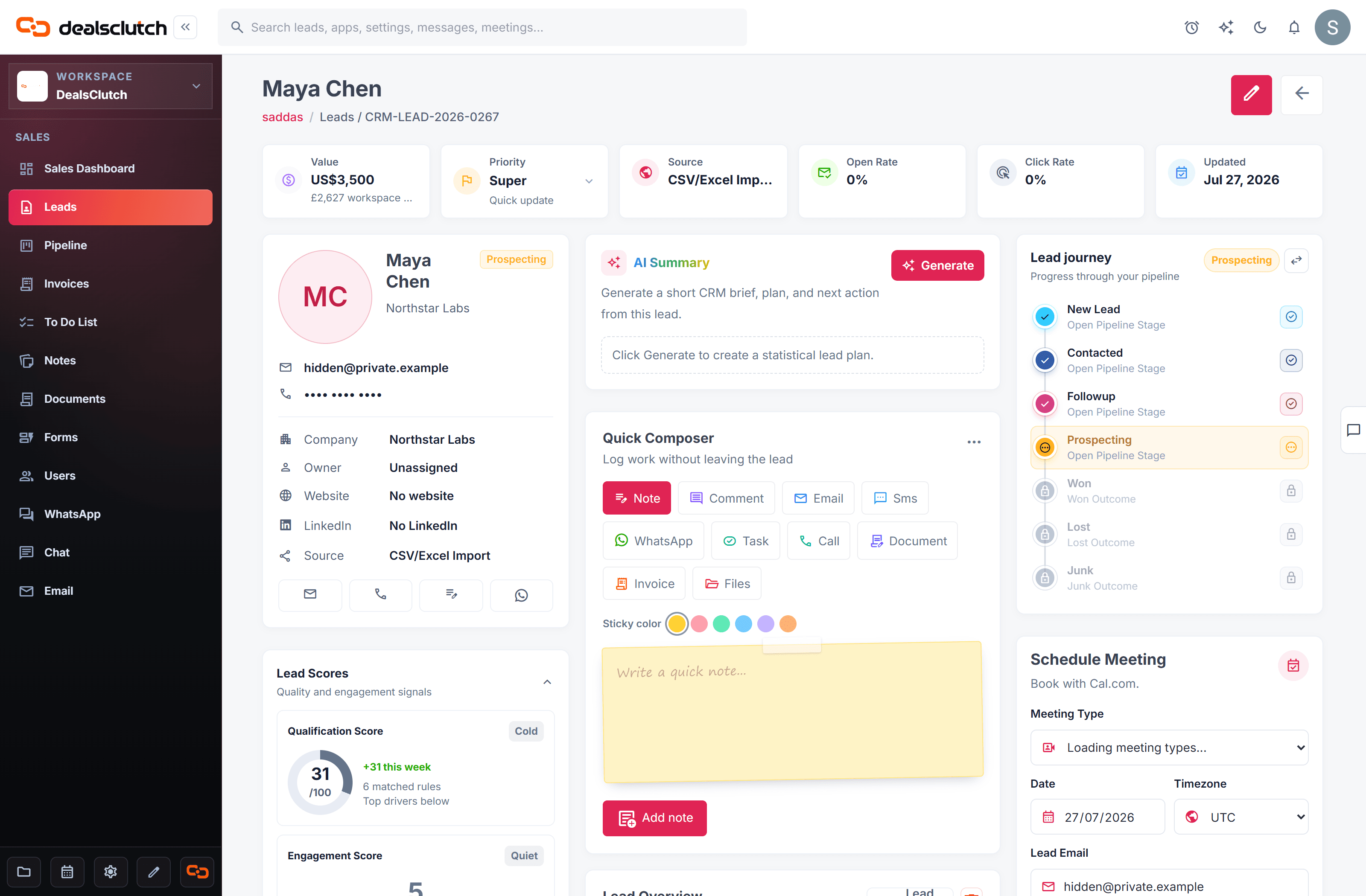 Privacy-safe DealsClutch lead overview showing lead context, AI summary, lead journey, quick composer, and meeting scheduling