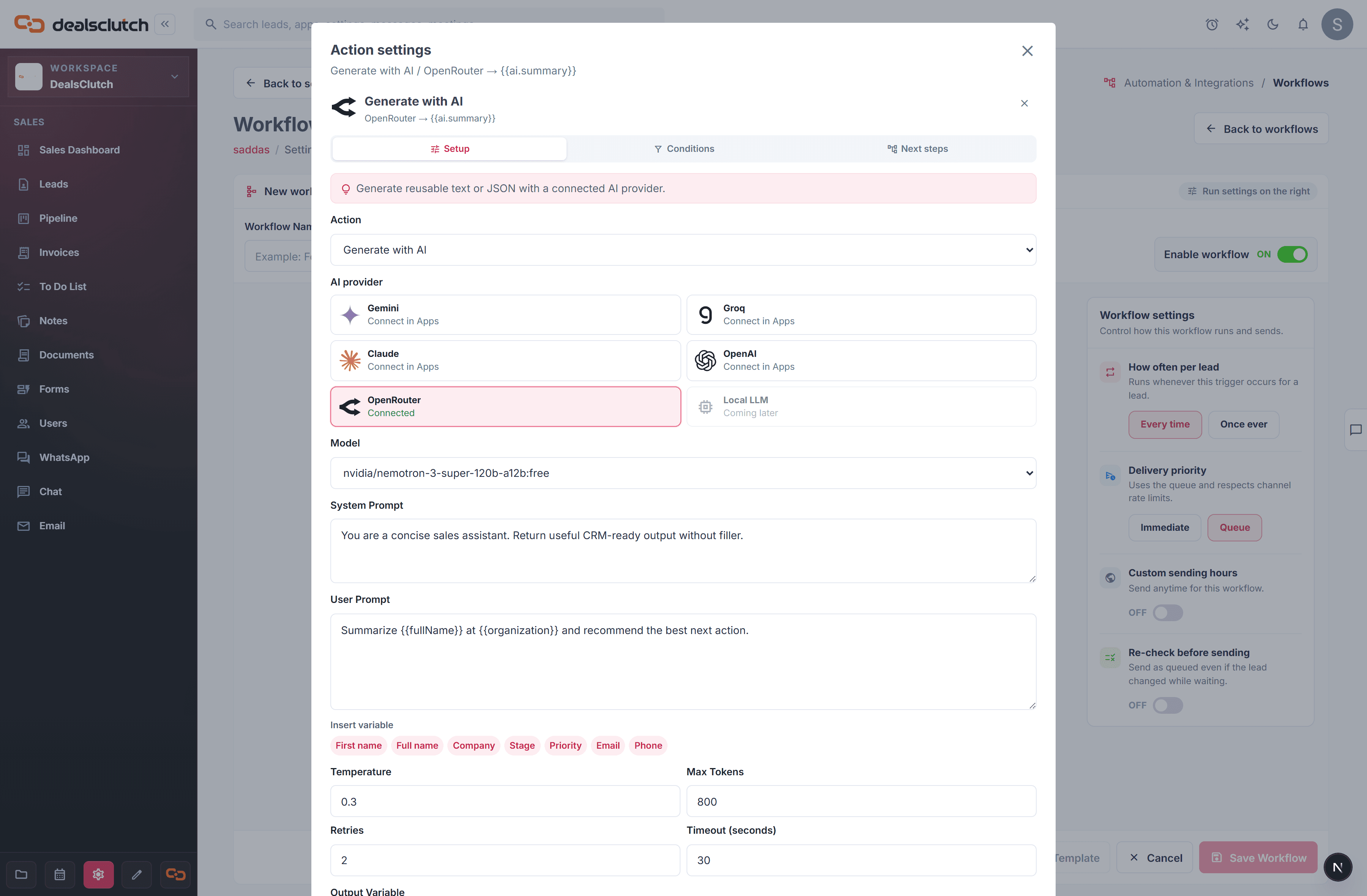 DealsClutch workflow builder showing connected triggers, conditions, and actions